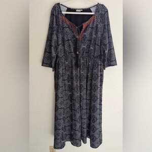 eShakti Navy White Red Accent Embroidered Tassel Tie Midi/Maxi Dress, Women's 3X